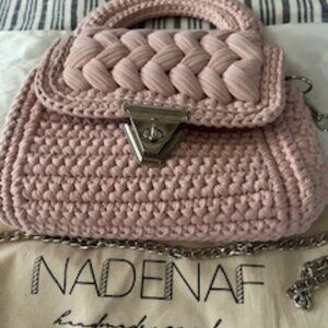 NWT Nadenaf Handmade Pink Crochet Top Handle Bag w/Crossbody Chain Strap